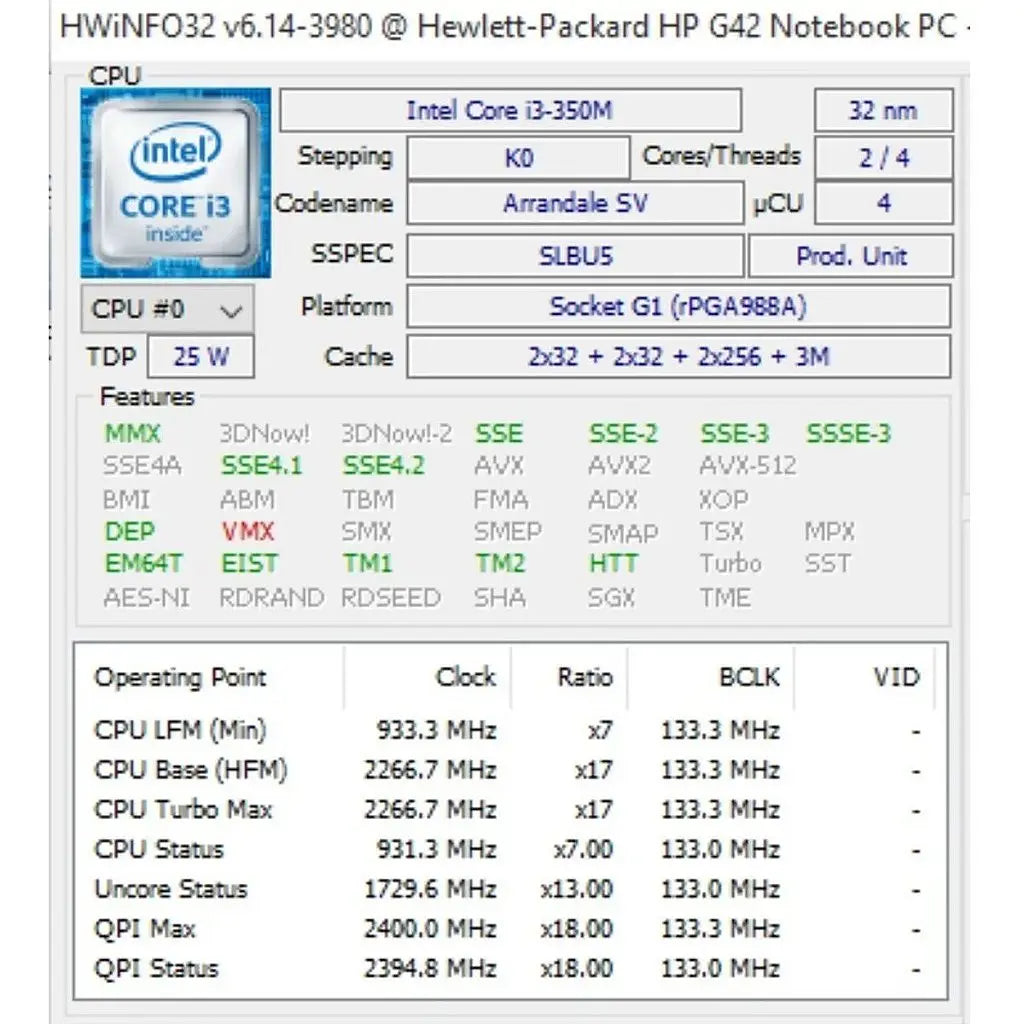Processador Para Notebook Intel Core I3-350m Slbu5 Pga988a