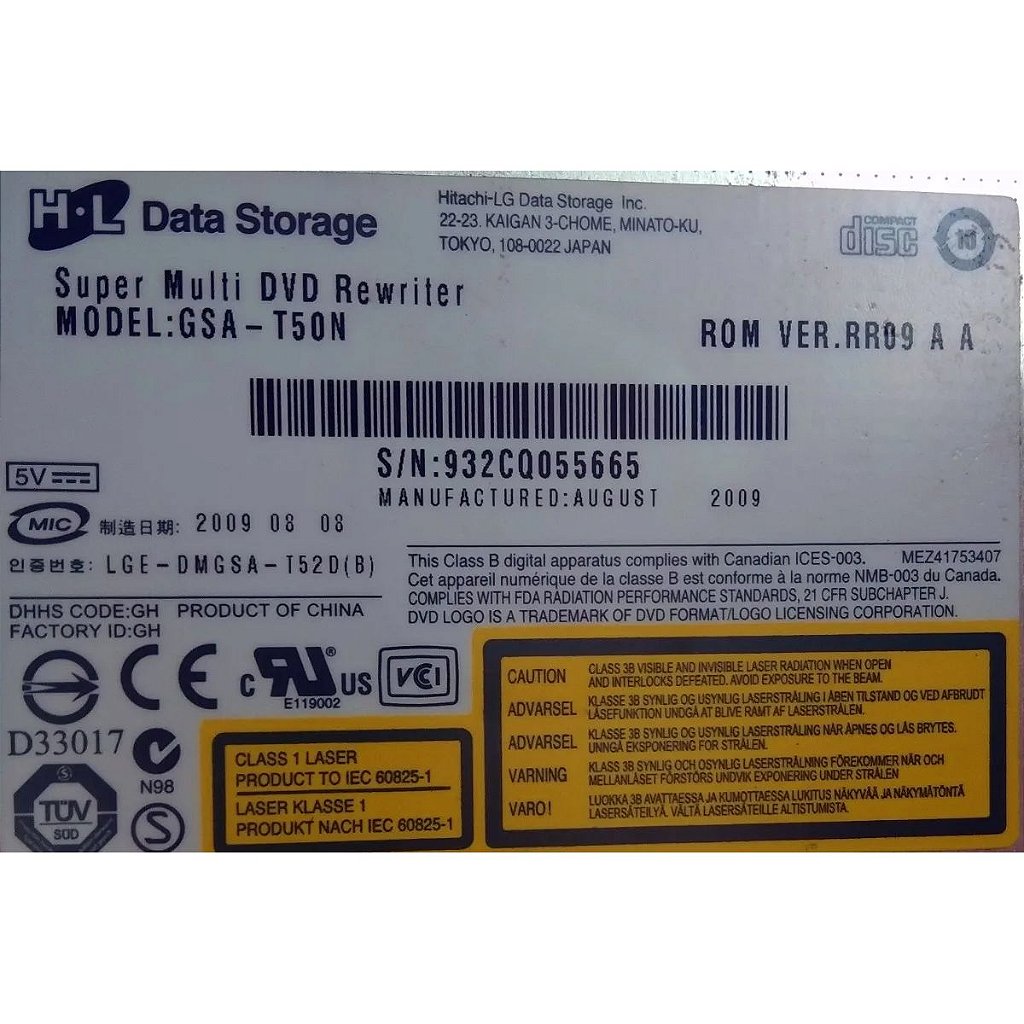 Gravador E Leitor Dvd E Cd Notebook Sata Modelo Gsa-T50n
