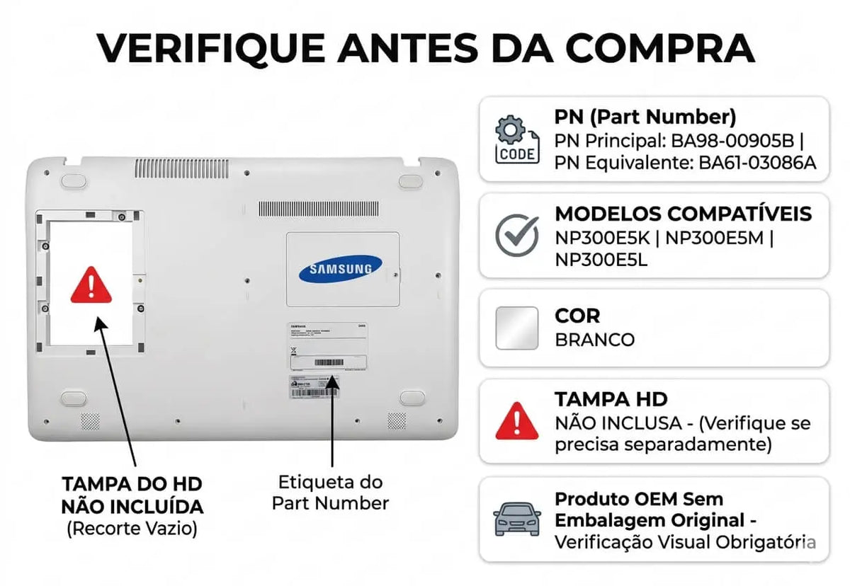 Carcaça Base Inferior Samsung NP300E5K NP300E5M NP300E5L Branca BA98-00905B BA61-03086A Com Detalhe Samsung