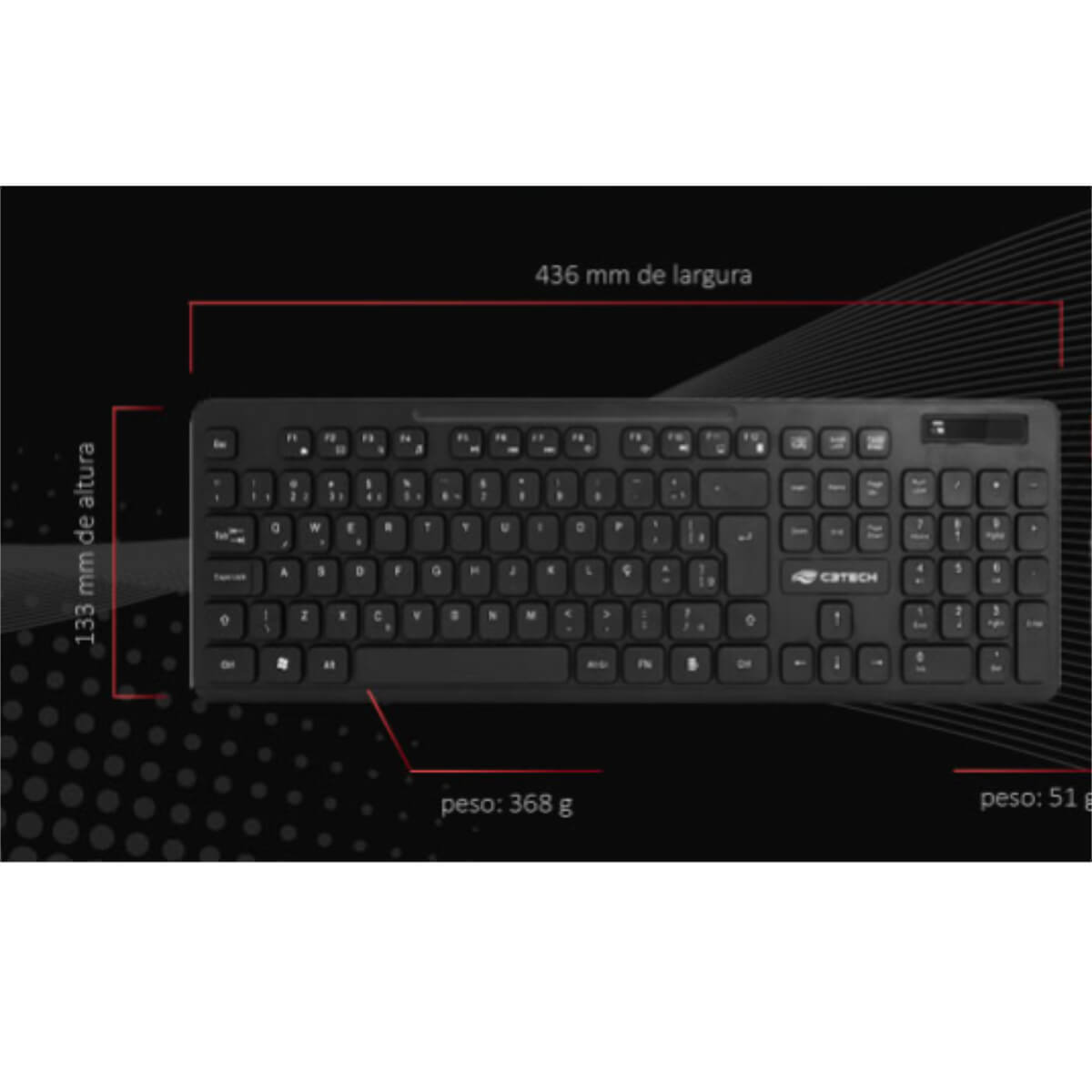 Teclado Sem Fio C3Tech K-W20 ABNT2 2.4GHz 12 Teclas Multimidia 107 Teclas