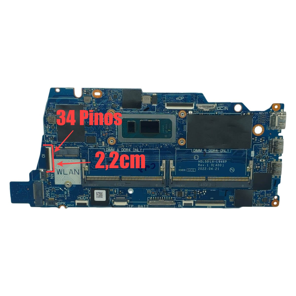 Placa Mãe Dell Inspiron 3520 Vostro 3420 3520 i5-1235U 12ª Geração Sem USB-C Flat IO 34 Pinos HDL50 LA-L946P 03WYCK