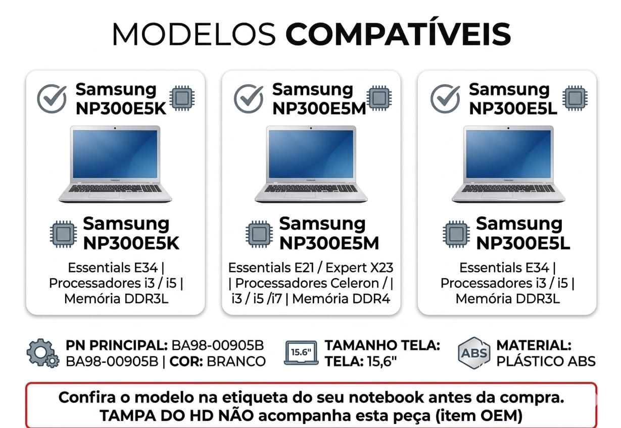 Carcaça Base Inferior Samsung NP300E5K NP300E5M NP300E5L Branca BA98-00905B BA61-03086A Com Detalhe